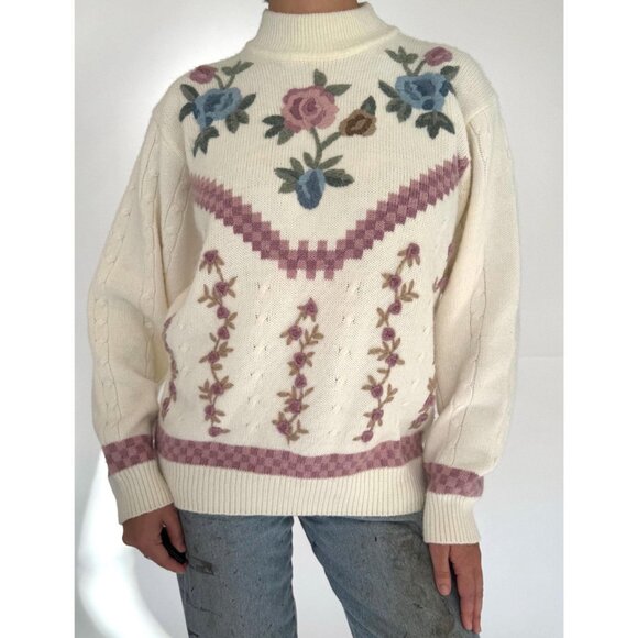 80s vintage cream floral embroidered grandma mock neck cable knit sweater - Picture 6 of 7